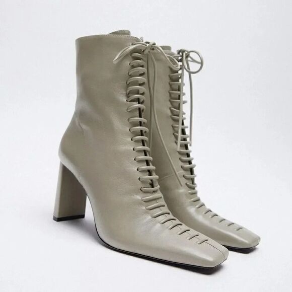 ✨Host Pick✨ ZARA LACE UP GENUINE LEATHER HIGH HEEL ANKLE BOOTS - Picture 1 of 12